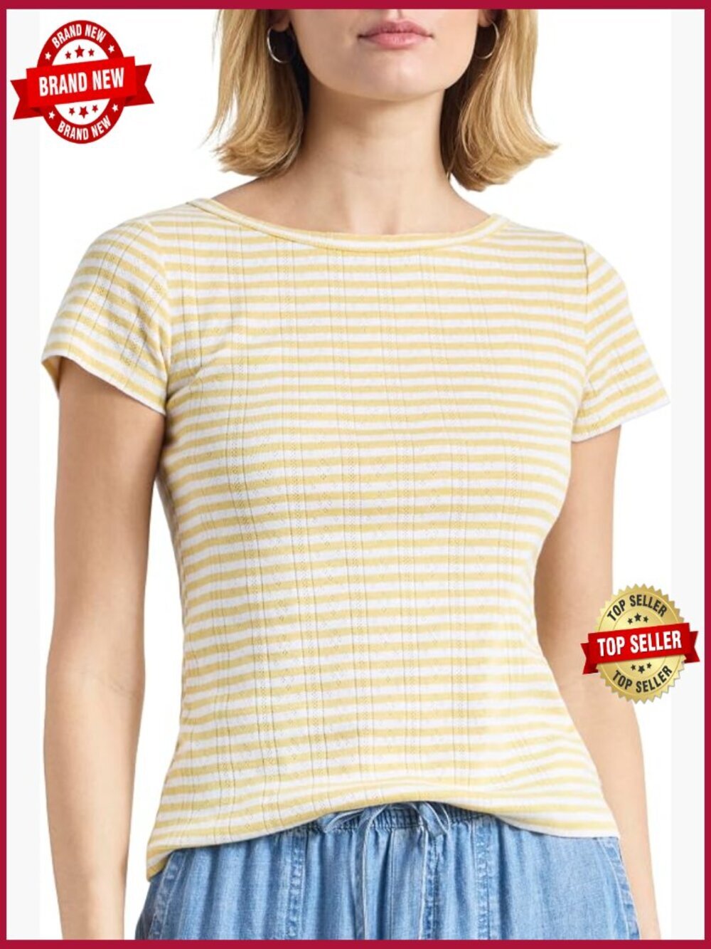 Women's Pointelle Boatneck Short Sleeve Tee Shirt